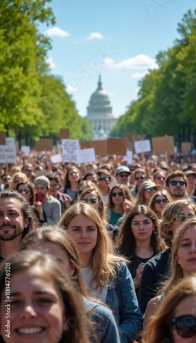 Crowd of diverse protesters with signs marching towards a governmental building on a sunny day