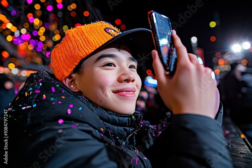 Countdown event in Times Square with huge crowds, flashing lights, and confetti everywhere