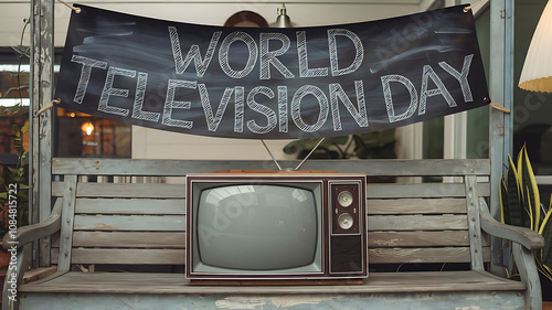 World Television Day Chalkboard Banner with Retro TV on Wooden Bench