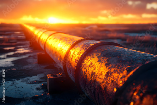 Close-up view of an industrial pipeline reflecting golden sunlight during sunset, stretching across remote, muddy terrain.