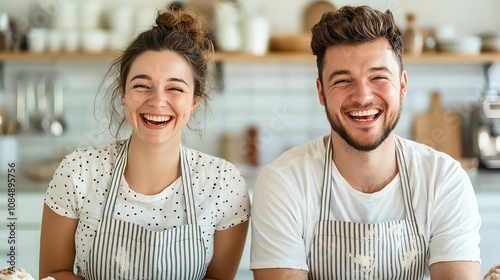 A couple laughing while baking cookies together at home on a lazy Sunday, Sunday baking, sweet moments