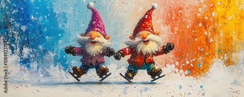 Gnomes with oversized skates wobbling on ice, snow swirling in a colorful blizzard, cheerful expressions and laughter, Childlike, Crayon art, Playful lines