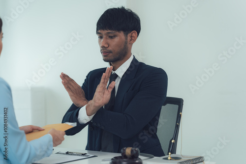 Rejection in the Boardroom: A serious businessman declines a document, his hands forming a clear rejection gesture. The scene conveys tension and refusal in a professional setting.