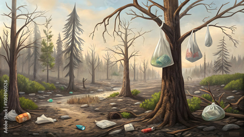 sustainabilityA forest devastated by waste pollution, with plastic bags hanging on trees and toxic waste seeping into the soil, showing the effects of human negligence (2)