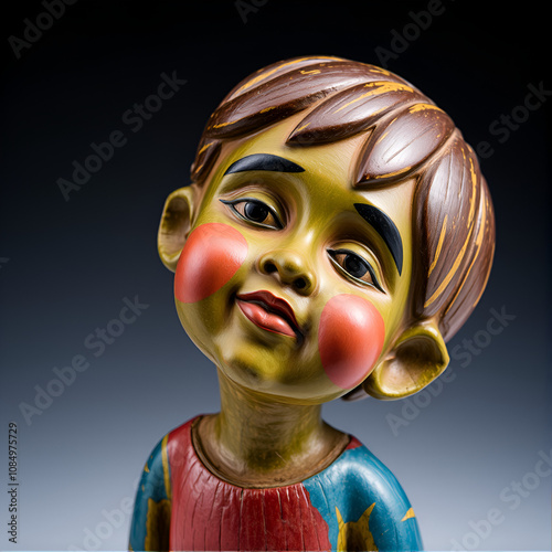 Polychrome wood sculpture, colorful little boy.