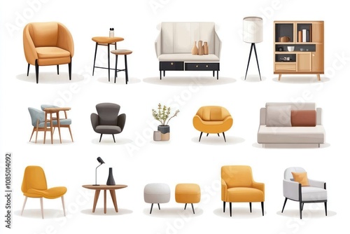 Set of realistic furniture illustrations including armchairs, couches, tables, lamps, and a bookshelf, perfect for interior design projects.