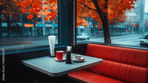 A red booth with a table and two cups on it