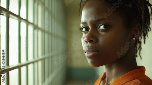 Black female prisoner. Copy space. Looking at the subject with a serious or sad expression.