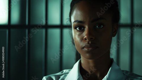 Black female prisoner. Copy space. Looking at the subject with a serious or sad expression.