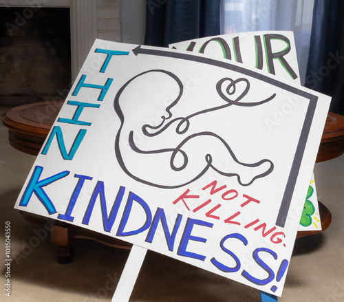 Hand Drawn Anti Abortion Signs, Leaning Against Table Inside House, mostly square, no people