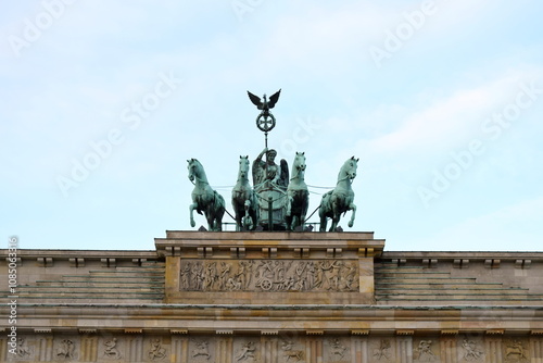 Quadriga on the Brandenburg Gate. The Quadriga – based on the ancient model, a two-wheeled chariot with four horses and the goddess of victory Victoria – was created in 1793 by Johann Gottfried Schado