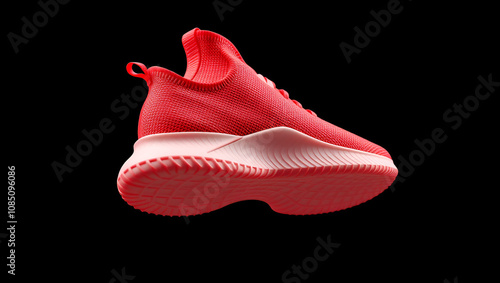 3d printed red lightweight custom sports shoe manufactured with flexible thermoplastics and advanced techniques isolated on black background.