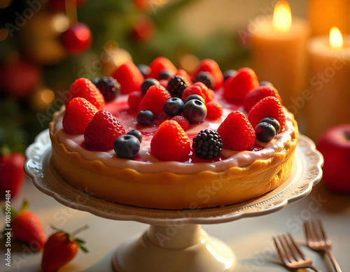 A whimsical fruit tart resembling '2025,' featuring layers of cream and assorted berries, positioned on a decorative cake stand with soft evening lighting and a festive backdrop.