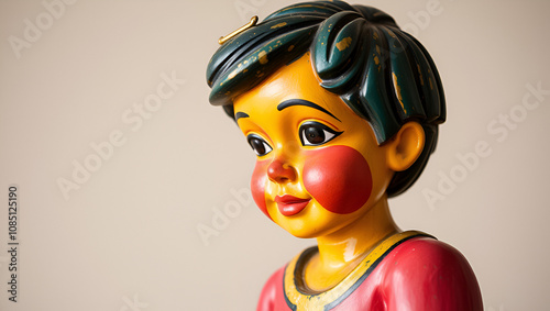 Polychrome wood sculpture, colorful little boy.