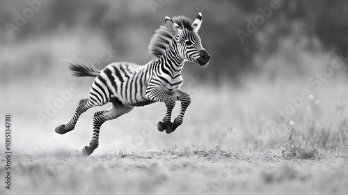 A baby zebra learning to run on the savannah, building strength and speed to keep up with the herd.