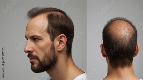 A man with thinning hair shows side and back views highlighting his receding hairline and bald spot against a plain grey background