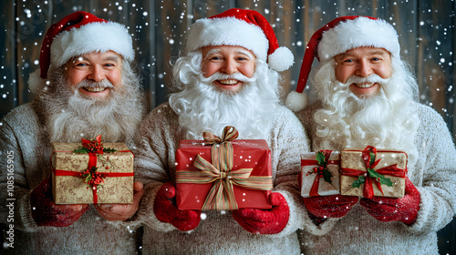 Three Santa Clauses with gifts in the snow, claus with christmas gifts