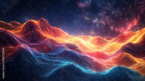 Gradient glowing waves ripple across a cosmic landscape filled with vibrant nebulae and distant stars. The abstract shapes add motion and depth to the infinite celestial scene. A breathtaking 