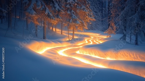 A serene winter forest illuminated by glowing abstract waves flowing through snow-covered trees. The surreal light adds warmth and vibrancy to the cold landscape 