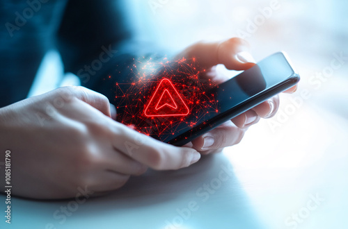 Hands hold a smartphone with a glowing red warning triangle digitally imposed on the screen