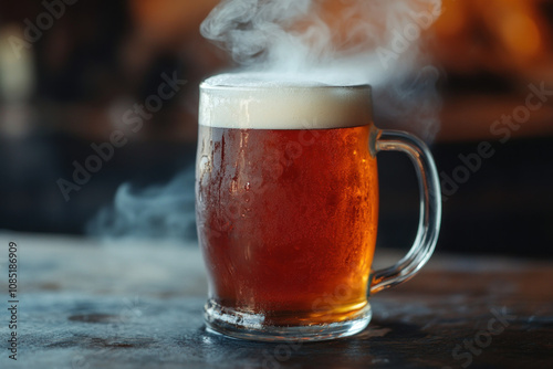 Steam rises from a glass of beer.