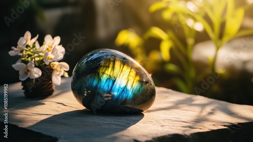 A polished labradorite stone with radiant colors and mystical reflections, appealing to crystal enthusiasts