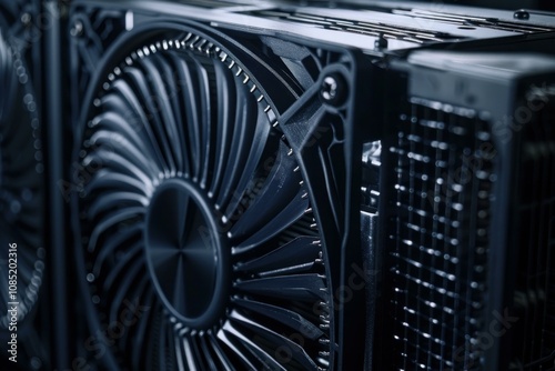 Macro shot of a computer cooling fan with heatsinks is dissipating heat