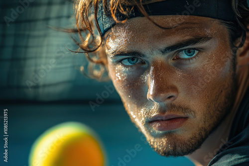 Tennis player with wet hair holding a tennis ball, ready to serve on a sunlit court.