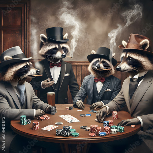 Raccoon rascals dressed as old western gentlemen wearing top hats and bow ties. In a smokey room playing poker.