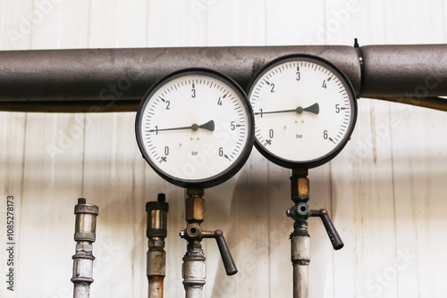 Industrial manometers in a factory. Round pressure gauge with metal pipes. Grunge gas measurement equipment texture. Factory machinery and pressure monitoring system in a manufacturing environment.