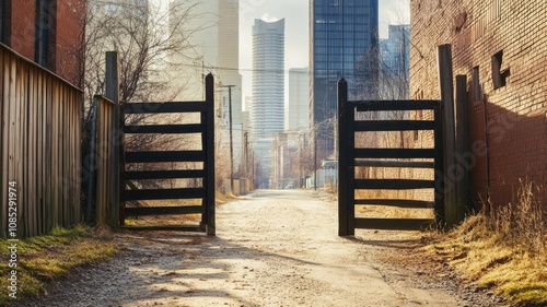 Narrow alleyway between industrial buildings leading to distant modern skyline