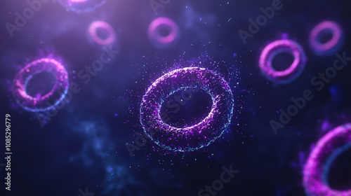 Detailed view of cellular mitosis with vibrant purple and blue colors, showcasing intricate process of cell division. holographic effect adds depth and complexity to image