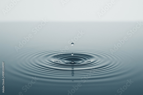 A single water droplet creates ripples on a calm surface of a blue lake, symbolizing peace and tranquility in a minimalist composition.