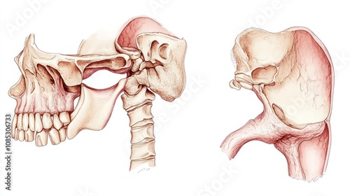 A detailed anatomical illustration of the human skull and jaw, showing the bones and muscles of the face and neck.