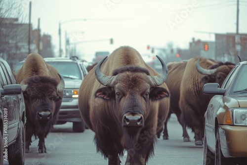 Majestic bison wander through an urban street, a surreal encounter of wildlife and city life amidst silent anticipation.