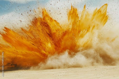 A powerful explosion in vivid orange erupts across a barren landscape, dramatically capturing both the raw force and ephemeral beauty of the moment.