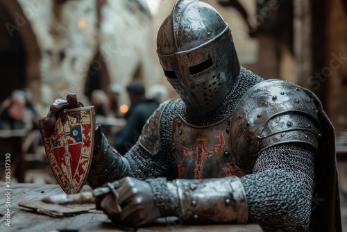 A knight clad in complete armor contemplates his next move, sitting with a shield and metal helmet in a subdued medieval setting.