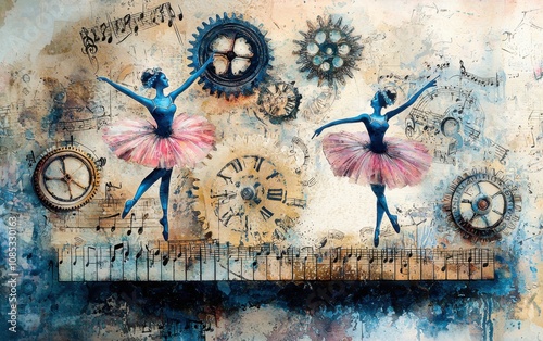 Whimsical ballet dancers pirouette atop piano keys, surrounded by gears and musical notes in a dreamy, steampunk-inspired artistic composition.