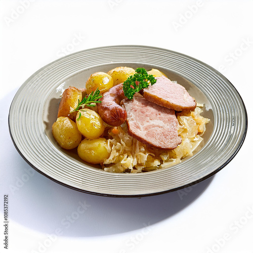 aliment, choucroute , repas, Alsace , diners, saucisse, plat, assiette, porc, cuisine, légume, sauce, légume, salade, délicieux, blanc, bon vivant, sain, déjeuner, vert, frais, grillé