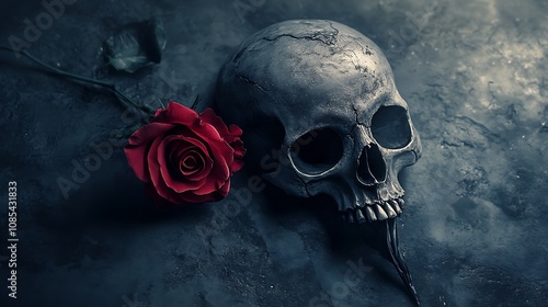 Memento Mori: A Skull and Rose in Somber Embrace AI Generated