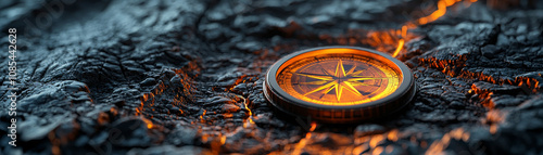 compass resting on textured volcanic rock, illuminated by warm light, symbolizes adventure and exploration. intricate design highlights its navigational purpose