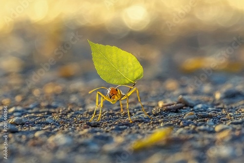 Ant Carrying Leaf: Nature's Strength and Teamwork in Action