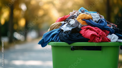 A close-up of a green bin filled with used clothing, fabrics spilling out in bright colors, representing textile recycling and responsible consumption in an eco-friendly setting.