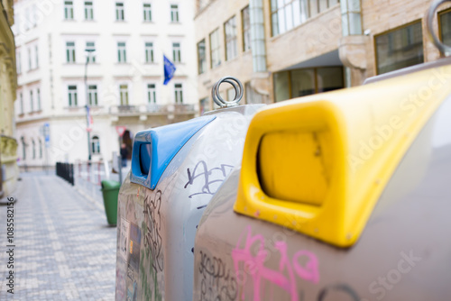 Prague, Czech republic - November 17, 2024: Trash Bins With Graffiti in Prague Street Scene 