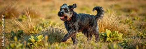 A dark-haired miniature schnauzer dog joyfully bounds across a sunlit field