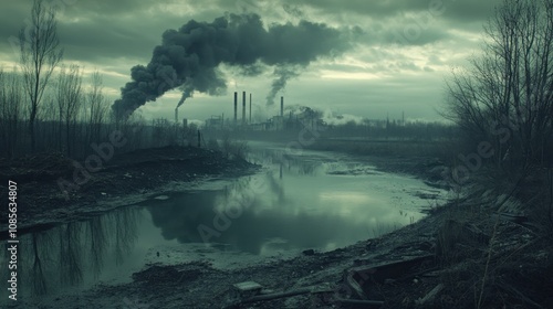 Factory belches dark smoke into the sky, dense pollution spreads across the landscape, barren earth, lifeless plants, polluted river