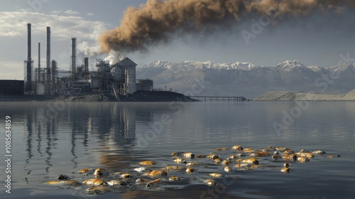 Industrial machines pour contaminants into river, dead fish float, toxic chemicals fill the air, environmental destruction, polluted landscapes, global warming threat