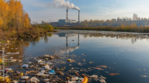 Industrial machines pour contaminants into river, dead fish float, toxic chemicals fill the air, environmental destruction, polluted landscapes, global warming threat