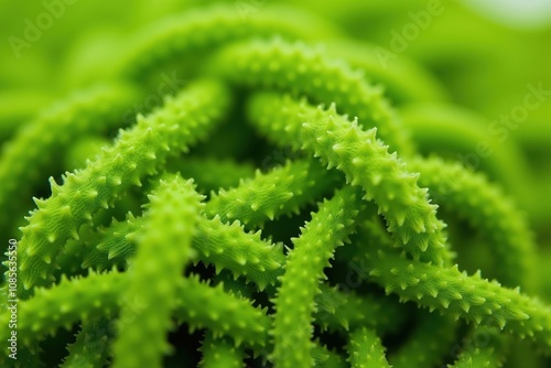 Close-up of spiky green cactus stems with intricate patterns and vivid green hues.