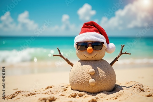 Tropical beach christmas: sand snowman with santa hat and sunglasses by the ocean.